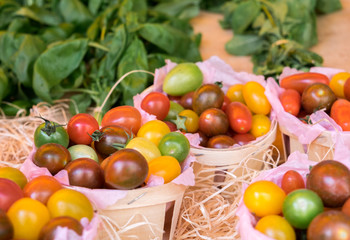 Assortment of different organics cherry tomatoes in boxes sold at  local city market. Provence. France