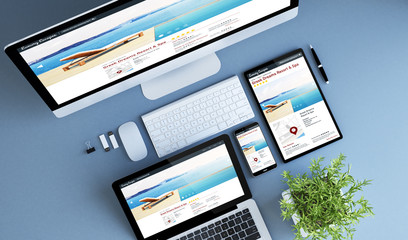 top view blue devices booking hotel
