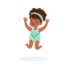 Cute little girl wearing light blue swimsuit jumping, kids summer vacation colorful character vector Illustration