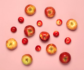 Food concept - many apples fruits isolated on white background, flat lay