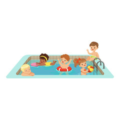 Obraz na płótnie Canvas Happy kids having fun in a swimming pool, colorful characters vector Illustration