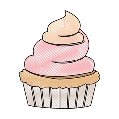 crayon silhouette of hand drawing color cupcake with pink and vainilla buttercream decorative