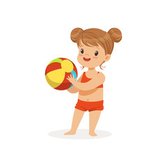 Little girl wearing red swimsuit playing with a ball, kids summer vacation colorful character vector Illustration