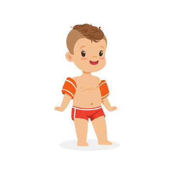 Cute boy with inflatable armbands, kids summer vacation colorful character vector Illustration