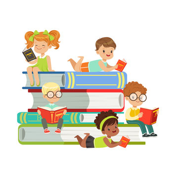 Cute boys and girls sitting on a pile of books and reading books, kids enjoying reading, colorful characters vector Illustration