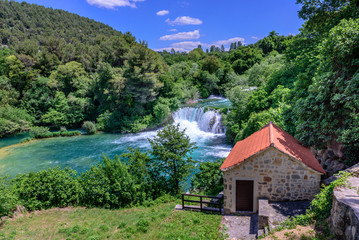 Fototapeta na wymiar Panoramic Aerial View of waterfall in Krka National Park one of the most famous national parks and visited by many tourists.Skradinski Buk:KRKA NATIONAL PARK,CROATIA,MAY 27,2017