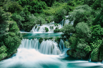 Long Exposure View of waterfall in Krka National Park one of the most famous national parks and visited by many tourists.Skradinski Buk:KRKA NATIONAL PARK,CROATIA,MAY 27,2017