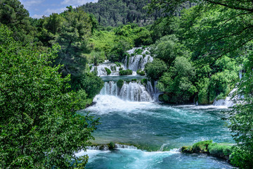 Fototapeta na wymiar Panoramic Aerial View of waterfall in Krka National Park one of the most famous national parks and visited by many tourists.Skradinski Buk:KRKA NATIONAL PARK,CROATIA,MAY 27,2017