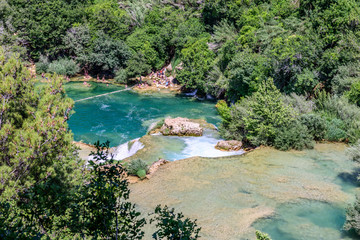 Panoramic Aerial View of waterfall in Krka National Park one of the most famous national parks and visited by many tourists.Skradinski Buk:KRKA NATIONAL PARK,CROATIA,MAY 27,2017