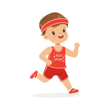 Boy In A Red Uniform Running, Marathon Runner, Boy Running On School Sport Day Colorful Character Vector Illustration