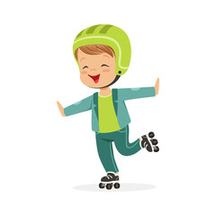 Roller skating boy, kid in rollerblades colorful character vector Illustration