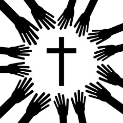 Christian cross with hands. Faith and religion. Vector illustration