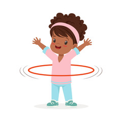 Girl spining a hula hoop around the waist, kid doing sports colorful character vector Illustration - obrazy, fototapety, plakaty