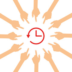 Viele Hände zeigen auf - Uhr - Zurückdrehen