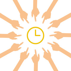 Viele Hände zeigen auf - Uhr