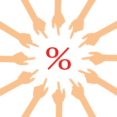 Viele Hände zeigen auf - Prozent