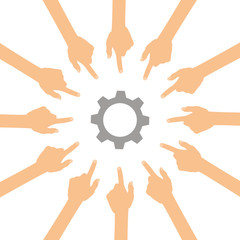 Viele Hände zeigen auf - Zahnrad