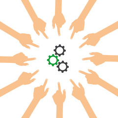 Viele Hände zeigen auf - mehrere Zahnräder