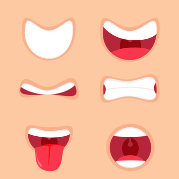 Funny Cartoon mouths set with different expressions. Smile with teeth, sticking out tongue, surprised.