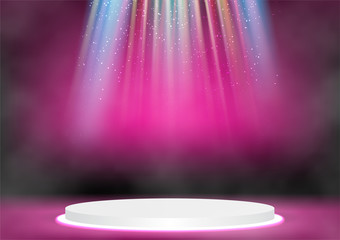 Round stage podium illuminated with spotlights and smoke on dark pink background