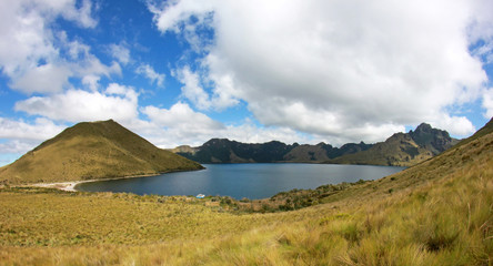 Old vintage camper van at Mojanda lake, also called Laguna Caricocha, Ecuador, Central America