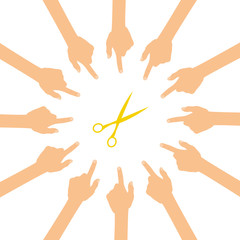 Viele Hände zeigen auf - Schere