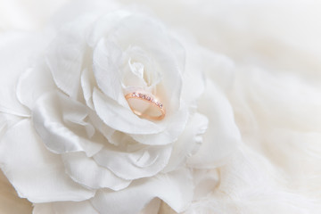 Naklejka premium wedding ring on white rose for valentine's day
