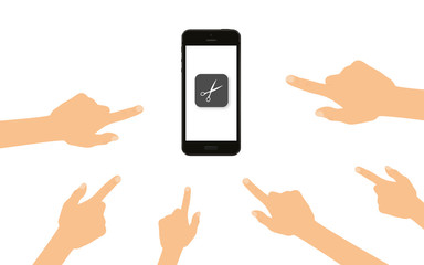 Finger zeigen auf Smartphone mit Schere