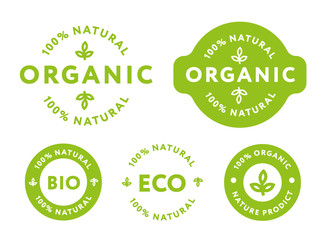 Collection of Green Healthy Organic Natural Eco Bio Food Products Label Stamp. 