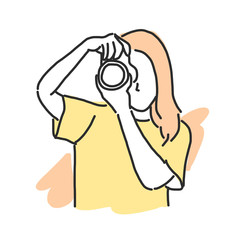 Photographer in variety poses. hand drawn. line drawing. vector illustration.