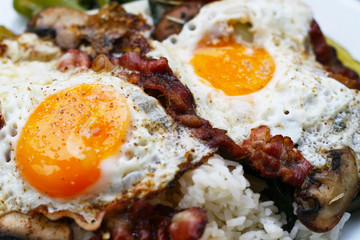 Spiegeleier mit Bauchspeck auf Mangold, Lauch und Reis, eiweißreiche Nahrung, rustikales Mittagessen mit vielen Kalorien