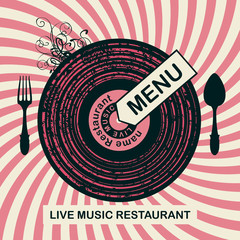 Vector banner for restaurant menu with live music patterned vinyl and cutlery in retro style