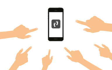 Finger zeigen auf Smartphone mit Fußabdrücke