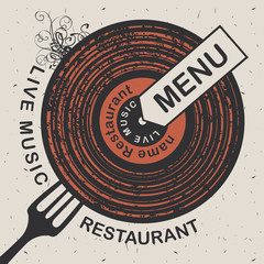Vector banner for restaurant menu with live music patterned vinyl and fork on the cardboard background in retro style