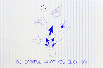 computer mouse with pointer arrows surrounded by cyber threats