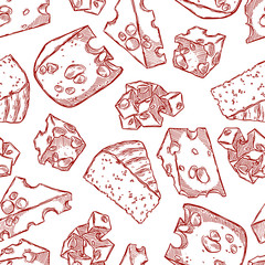 Pretty seamless pattern made of hand drawn sliced different types of cheese.