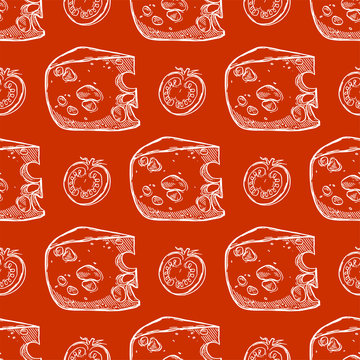 Pretty seamless pattern made of hand drawn dice sliced maasdam cheese and tomatoes.
