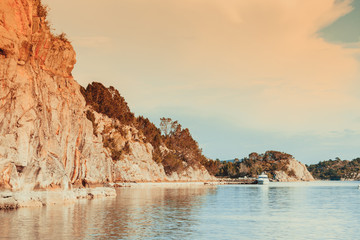 Fototapeta na wymiar Norway sea, cliffs during sunny weather.