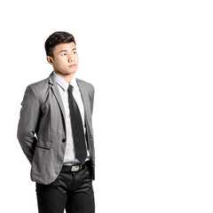 Portrait of an asian business man thinking with suit. Isolated on white background with copy space and clipping path