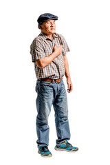 Fototapeta premium portrait of a mature man with a heart attack. Isolated full length on white background with clipping path