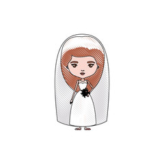 color crayon silhouette caricature cute woman in wedding dress with long hairstyle