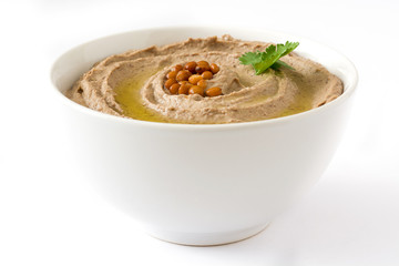 Lentil hummus and pita bread isolated on white background

