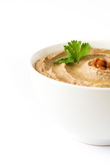 Lentil hummus and pita bread isolated on white background

