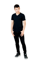 Fototapeta premium Portrait of a man standing in black t-shirt and black jeans. Isolated full length on white background with copy space and clipping path