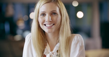 Blonde woman smiling to camera portrait.Corporate business team work office meeting.Caucasian businessman and businesswoman people group talking together.Collaboration,growing,success.4k video - Powered by Adobe