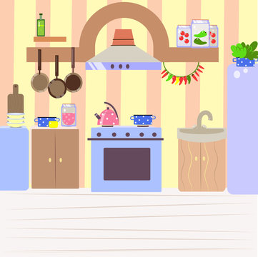 Cute cozy kitchen, flat cartoon interior background