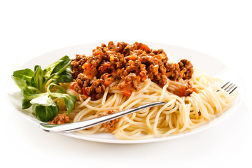 Pasta with meat, tomato sauce and vegetables