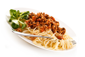 Pasta with meat, tomato sauce and vegetables