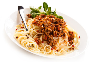 Pasta with meat, tomato sauce and vegetables