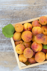 Top view wood box with apricots on a old wooden background